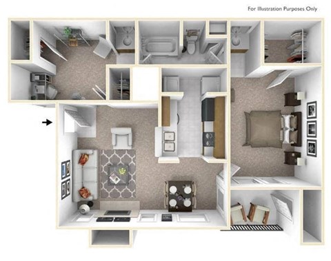 Floor plan for 1 bed, 1 bath, 940 sqft